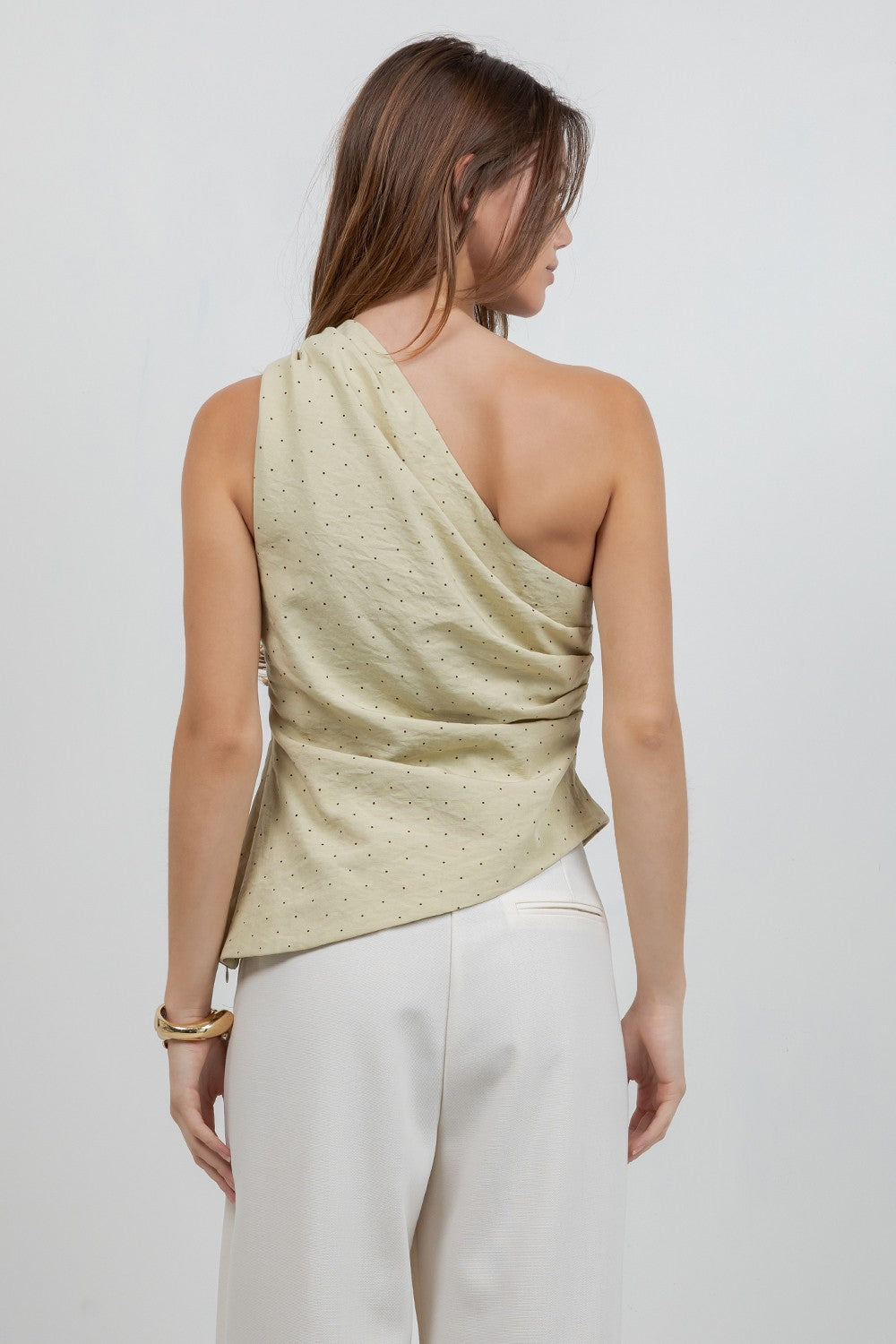 Asymmetrical One Shoulder Polka Dot Top -Sage Green