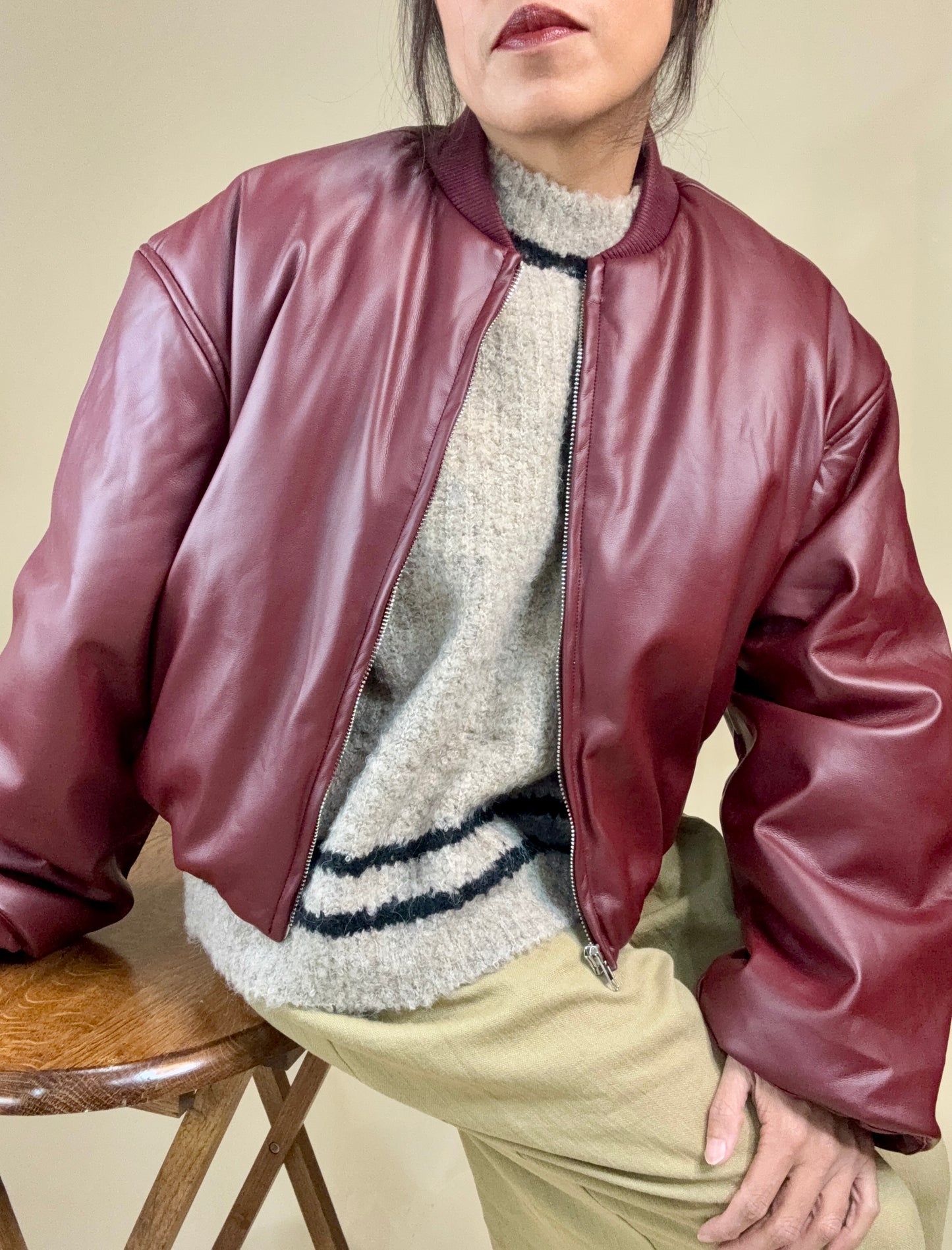 Lovely Wine Faux Leather Bomber Jacket