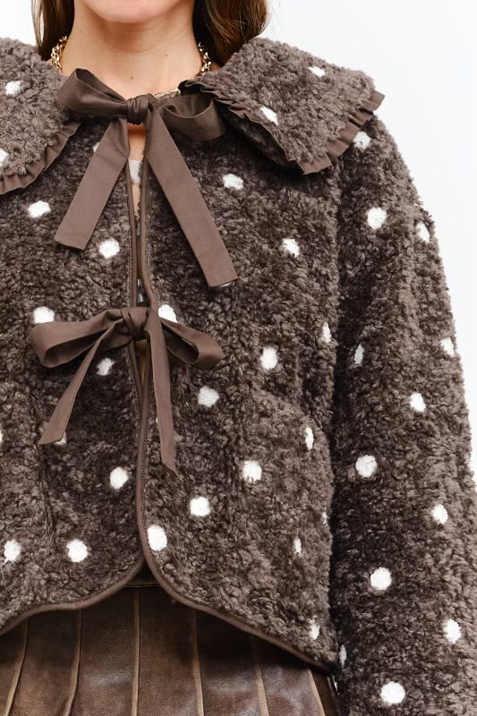 Erin Polka Ruffle Tie Jacket in Rich Brown