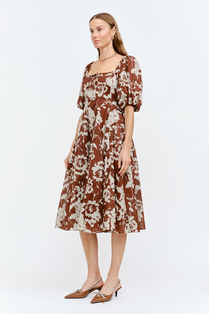Aubrey Puff-Sleeve Floral Midi Dress