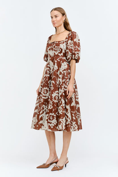 Aubrey Puff-Sleeve Floral Midi Dress