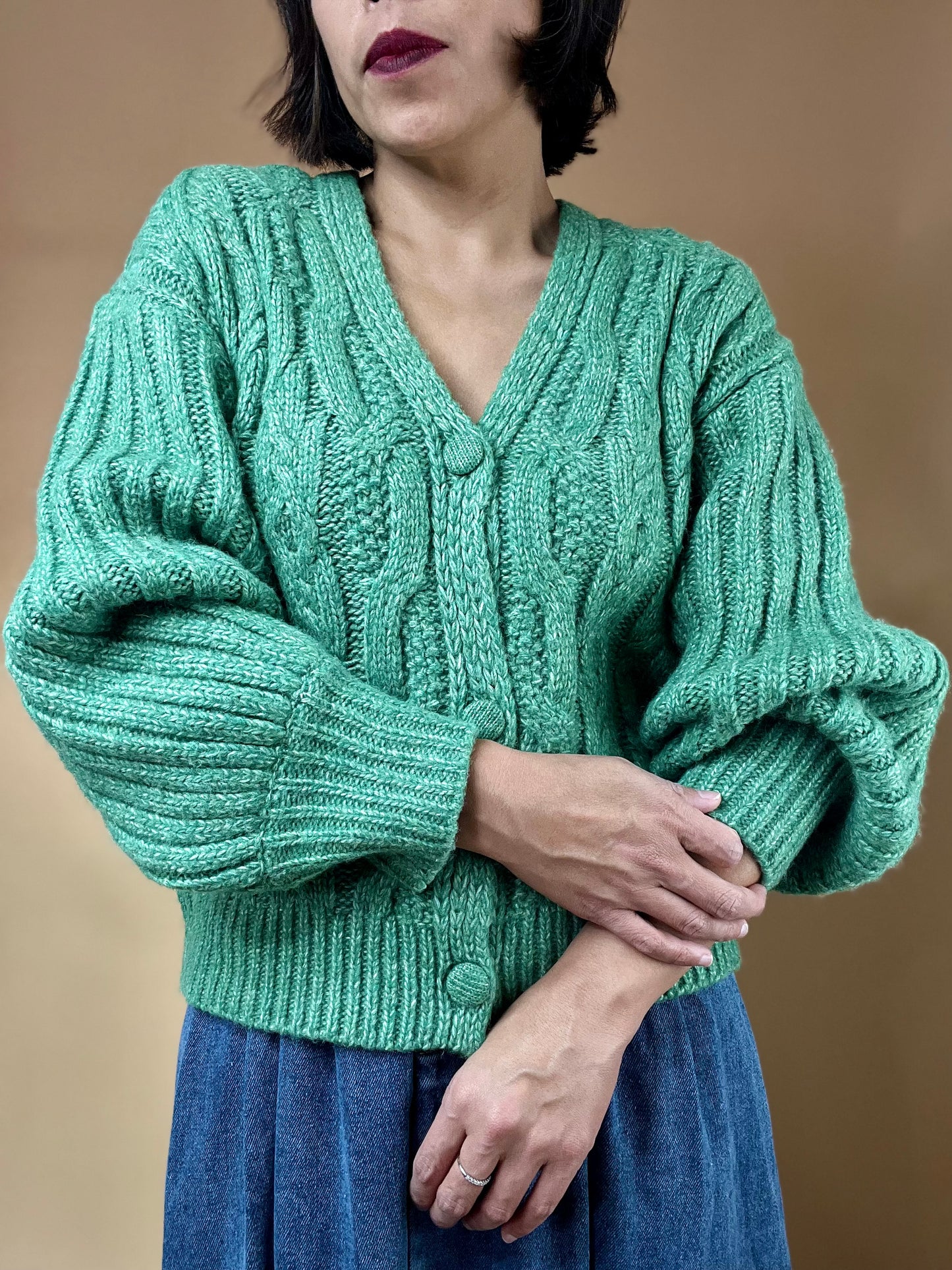 Lovella Cable Knit Puff Sleeve Cardigan