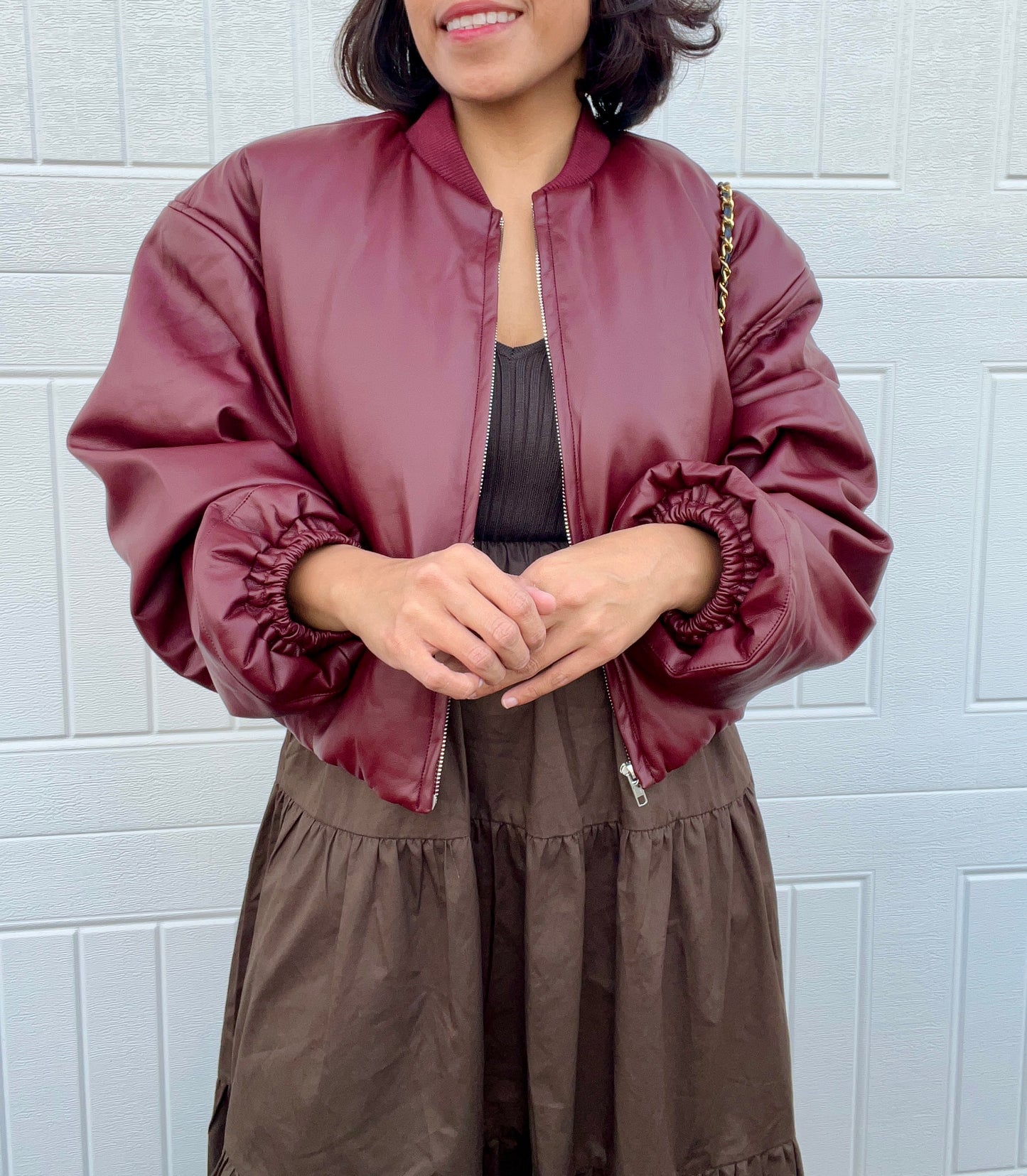 Lovely Wine Faux Leather Bomber Jacket