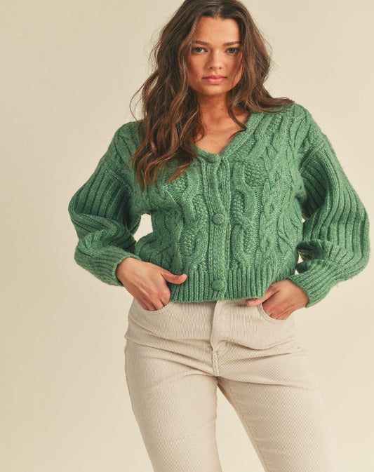 Lowella CABLE KNIT PUFF SLEEVE SWEATER CARDIGAN