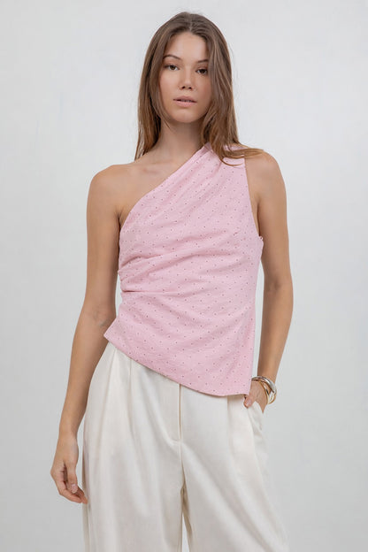 Asymmetrical One Shoulder Polka Dot Top -Light Pink