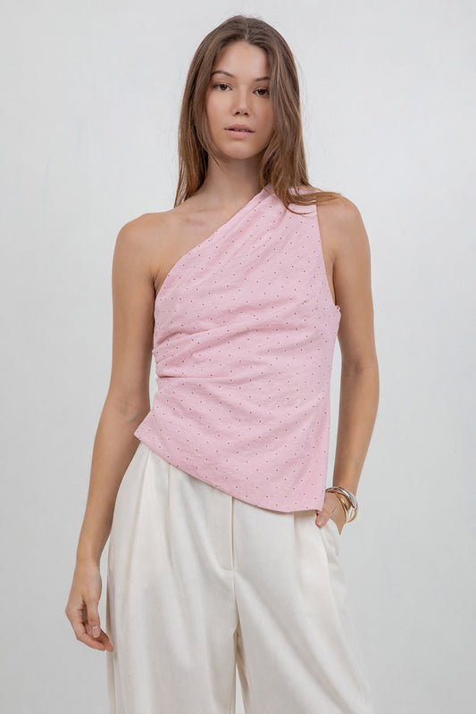 Asymmetrical One Shoulder Polka Dot Top -Light Pink