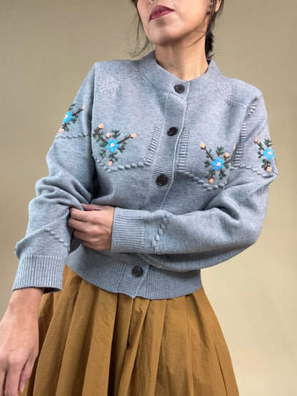 Embroidered Vintage Knit Cardigan – Gray