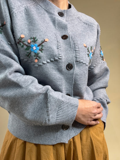 Embroidered Vintage Knit Cardigan – Gray
