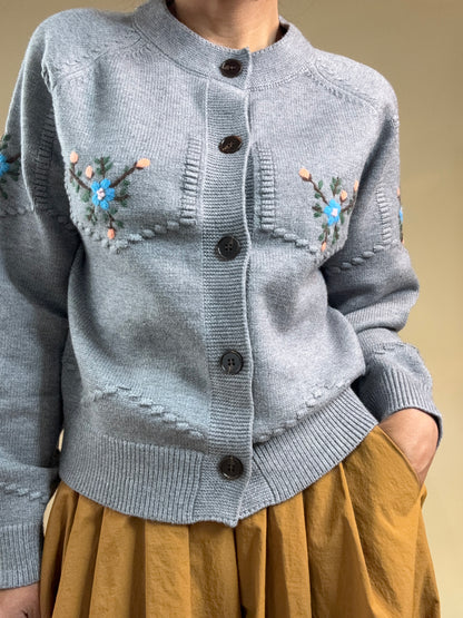 Embroidered Vintage Knit Cardigan – Gray