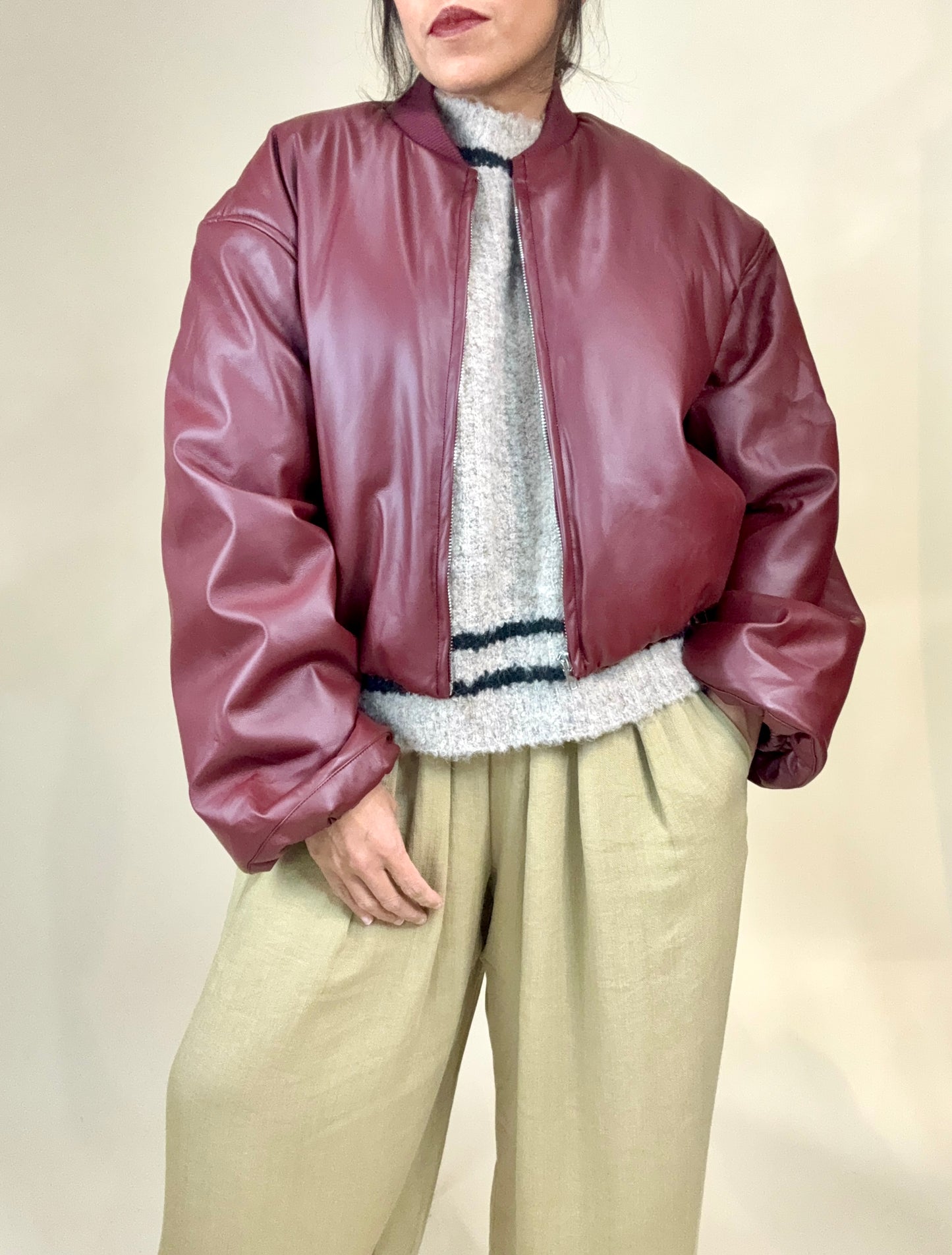 Lovely Wine Faux Leather Bomber Jacket