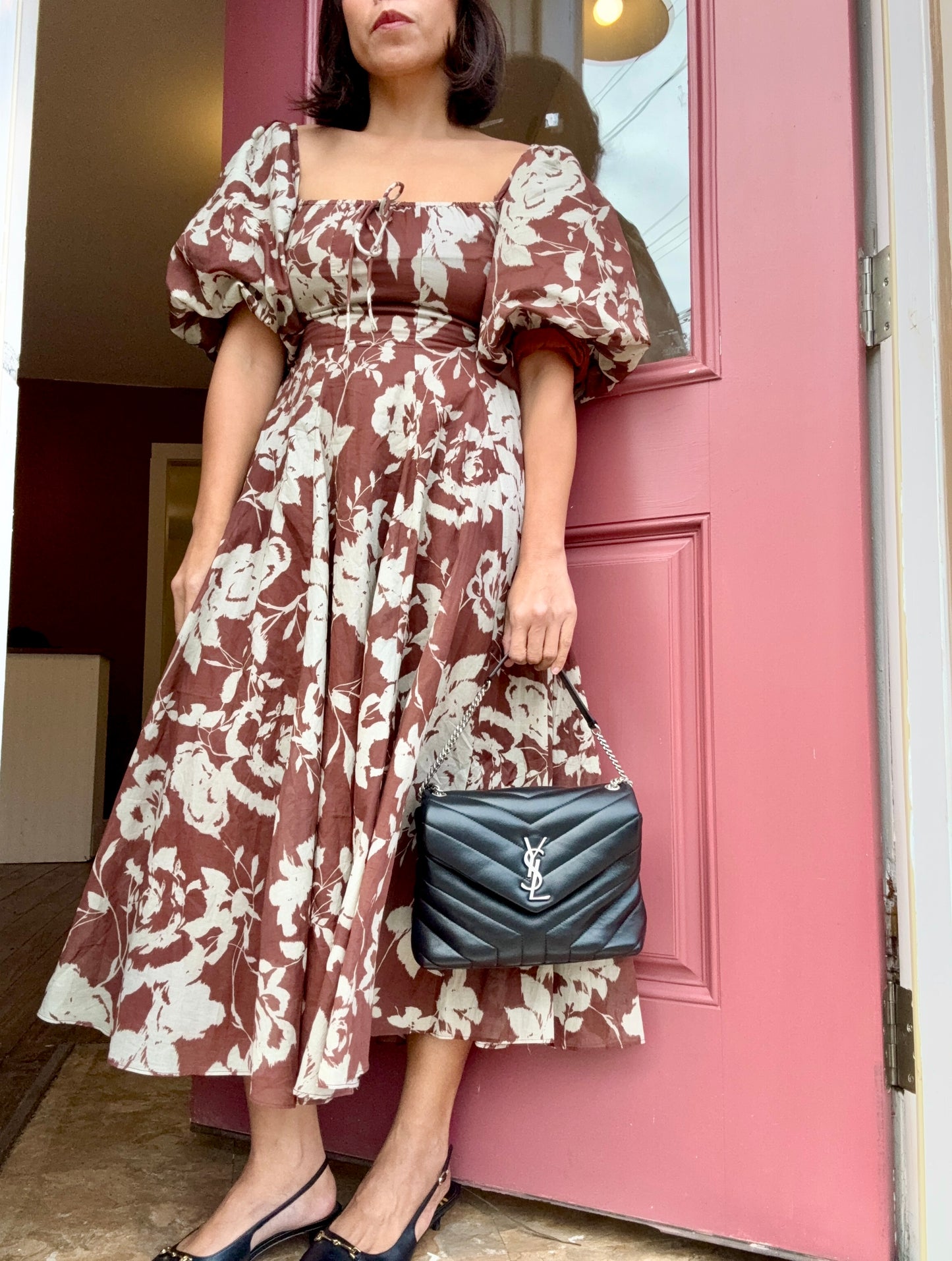 Aubrey Puff-Sleeve Floral Midi Dress