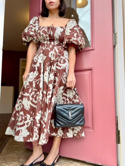 Aubrey Puff-Sleeve Floral Midi Dress