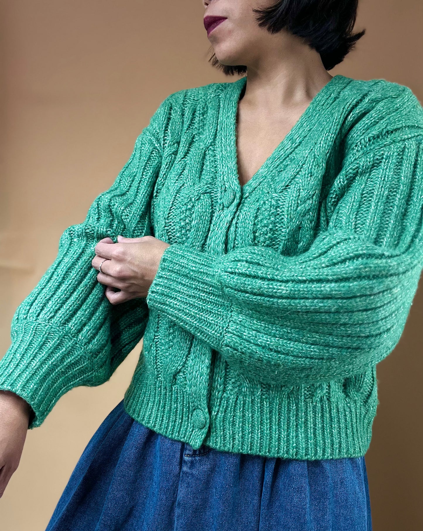 Lovella Cable Knit Puff Sleeve Cardigan