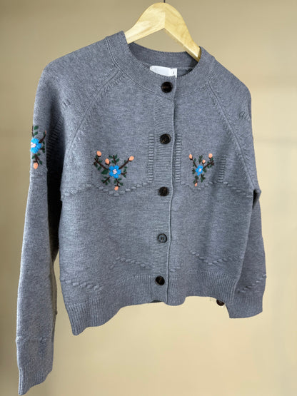Embroidered Vintage Knit Cardigan – Gray