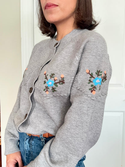 Embroidered Vintage Knit Cardigan – Gray