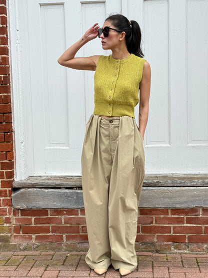 Midrise-Pleated Baggy Long Pants - Beige