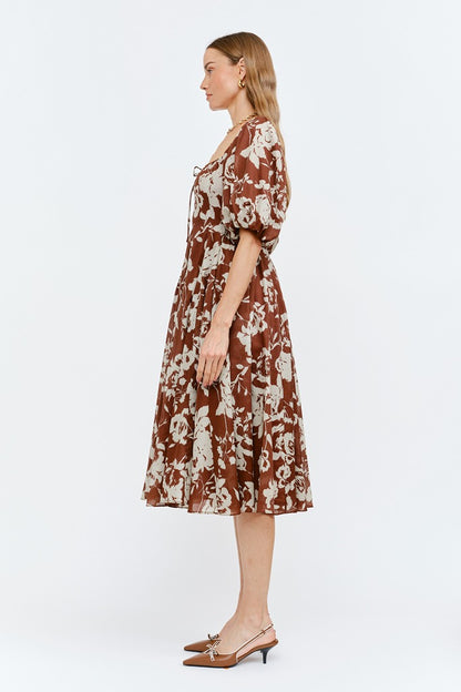 Aubrey Puff-Sleeve Floral Midi Dress