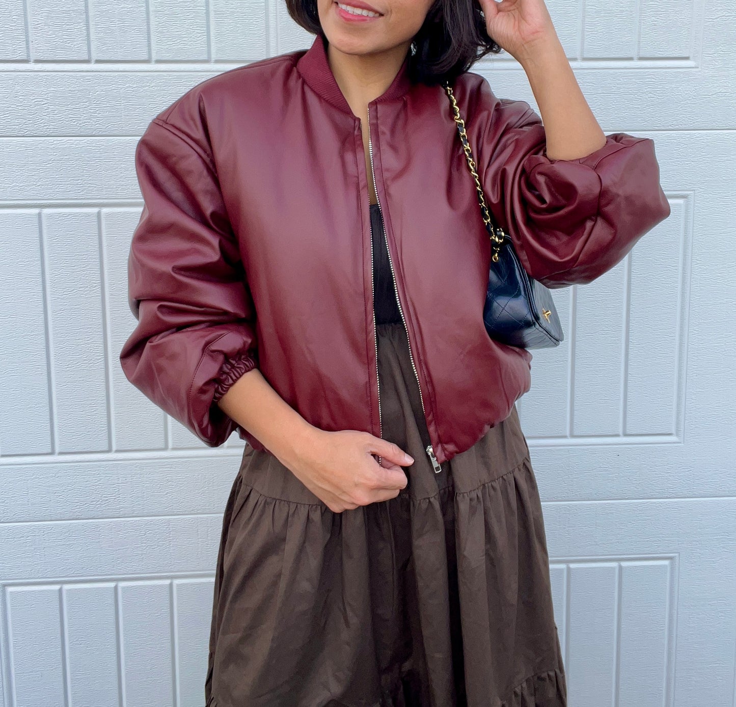 Lovely Wine Faux Leather Bomber Jacket