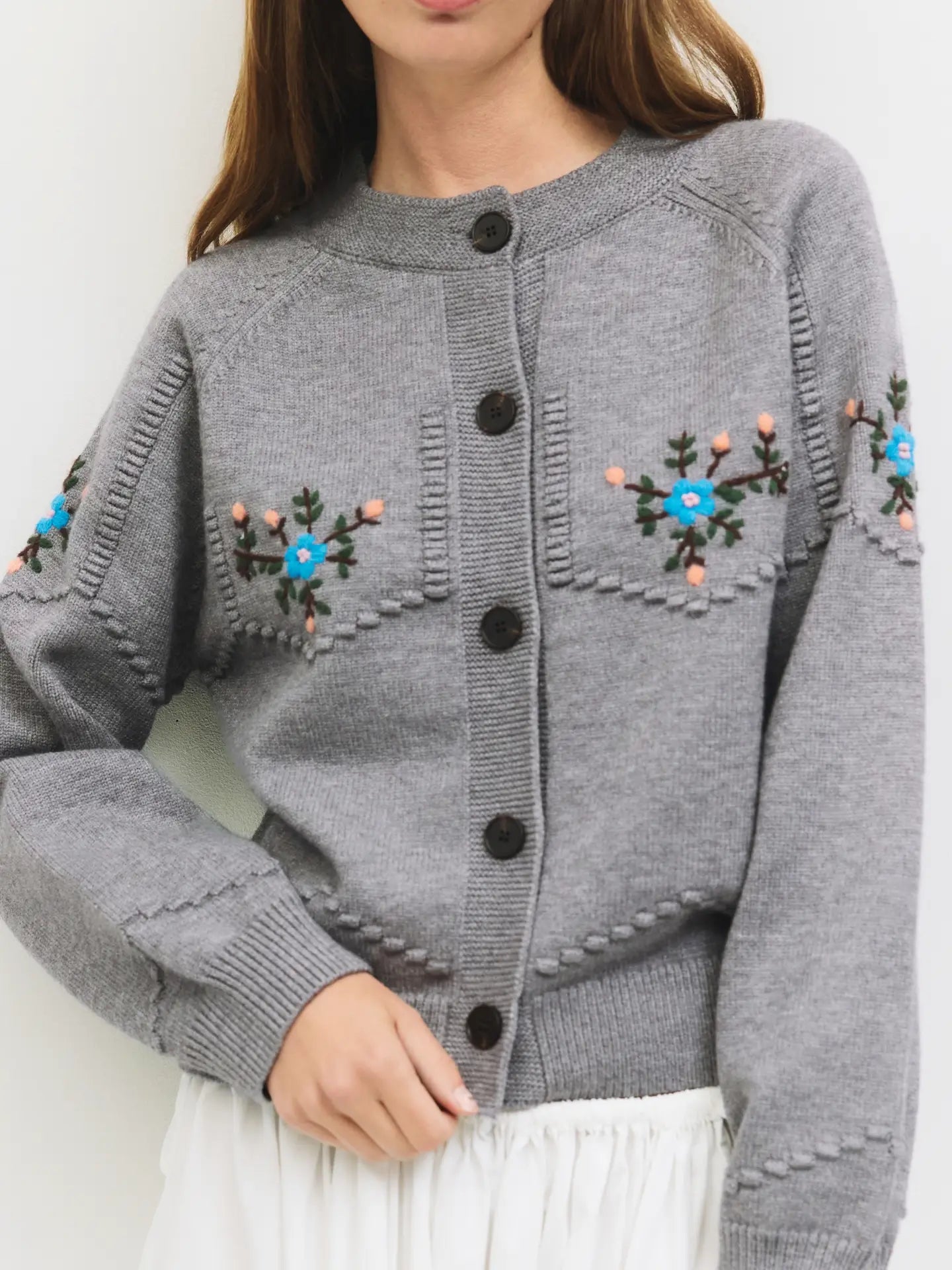 Embroidered Vintage Knit Cardigan – Gray
