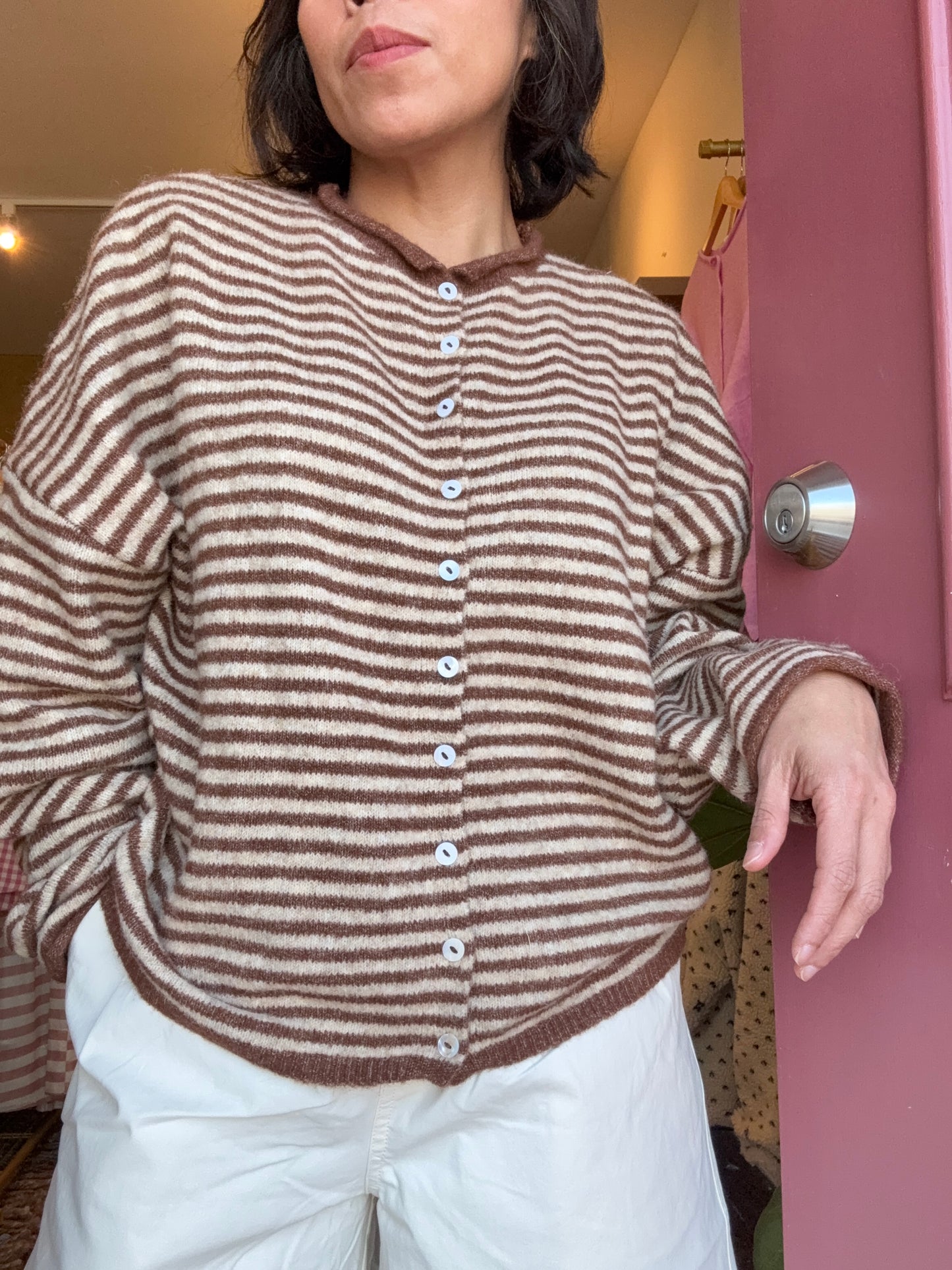 Easy Comfort Mocha Stripe Button Cardigan