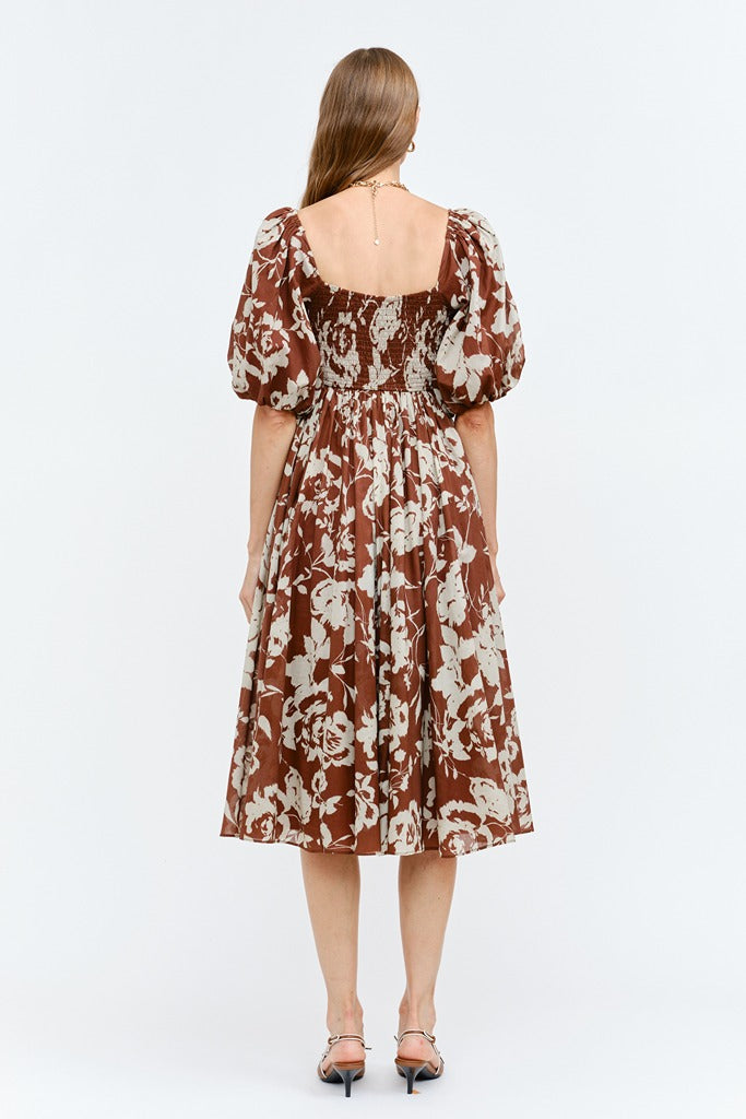 Aubrey Puff-Sleeve Floral Midi Dress