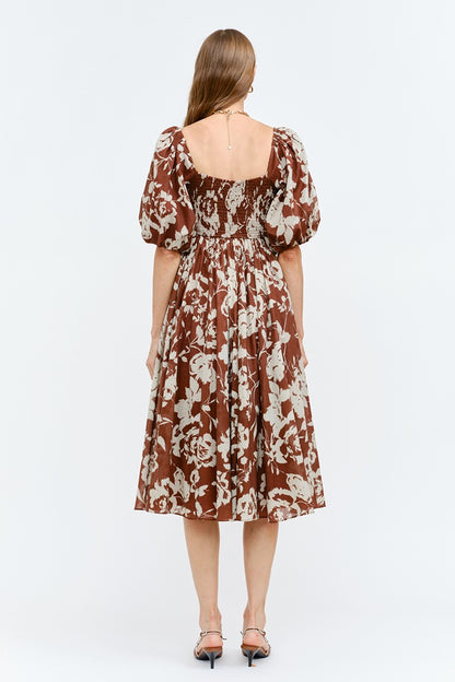 Aubrey Puff-Sleeve Floral Midi Dress