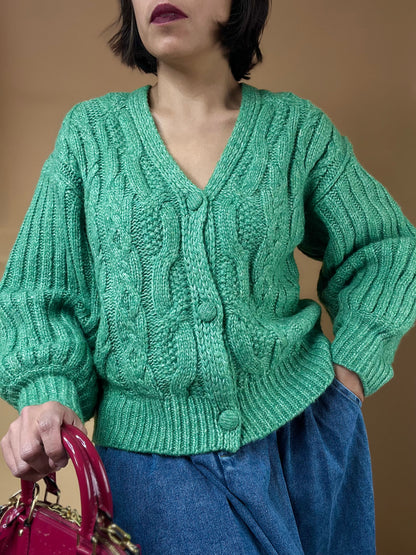 Lowella Cable Knit Puff Sleeve Cardigan