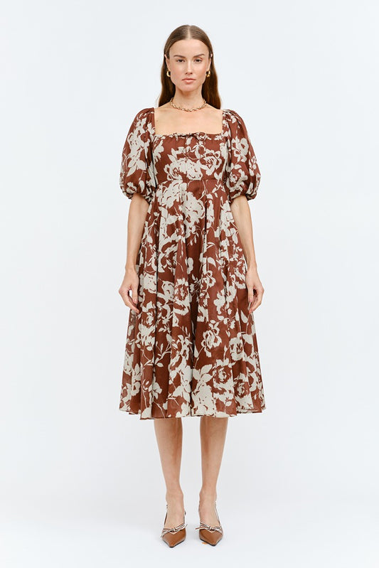 Aubrey Puff-Sleeve Floral Midi Dress