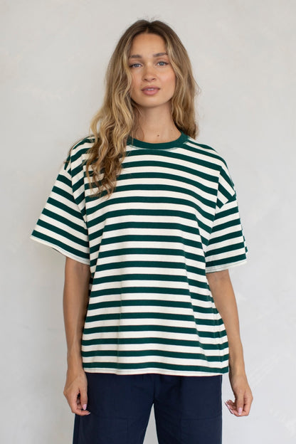 The Taylor Stripes Oversized Tee  in Hunter Green