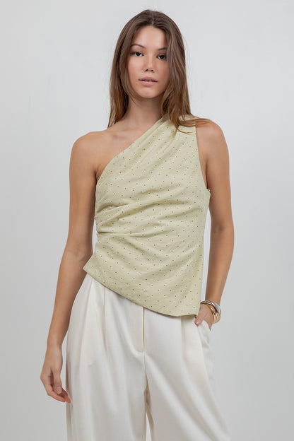 Asymmetrical One Shoulder Polka Dot Top -Sage Green