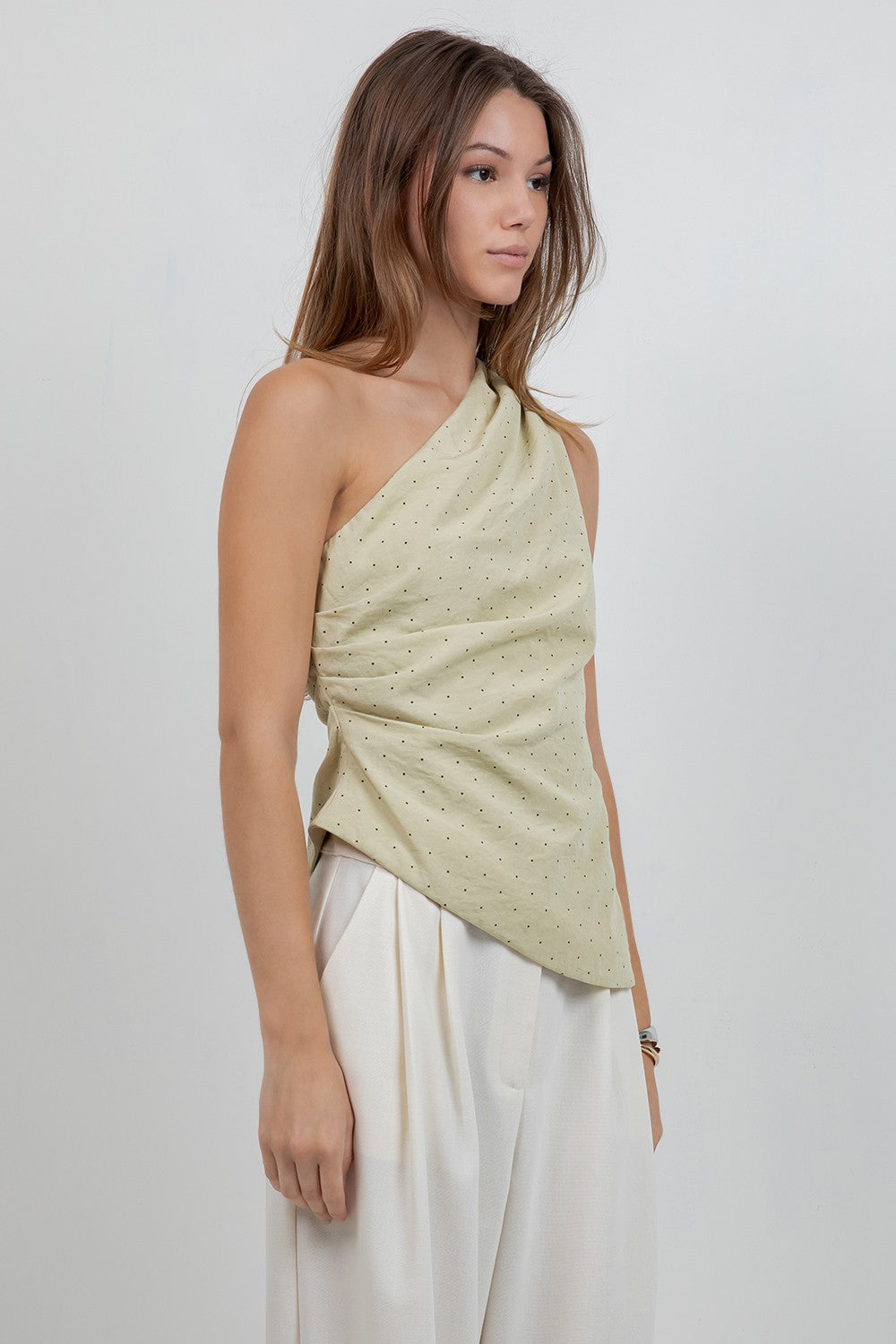 Asymmetrical One Shoulder Polka Dot Top -Sage Green